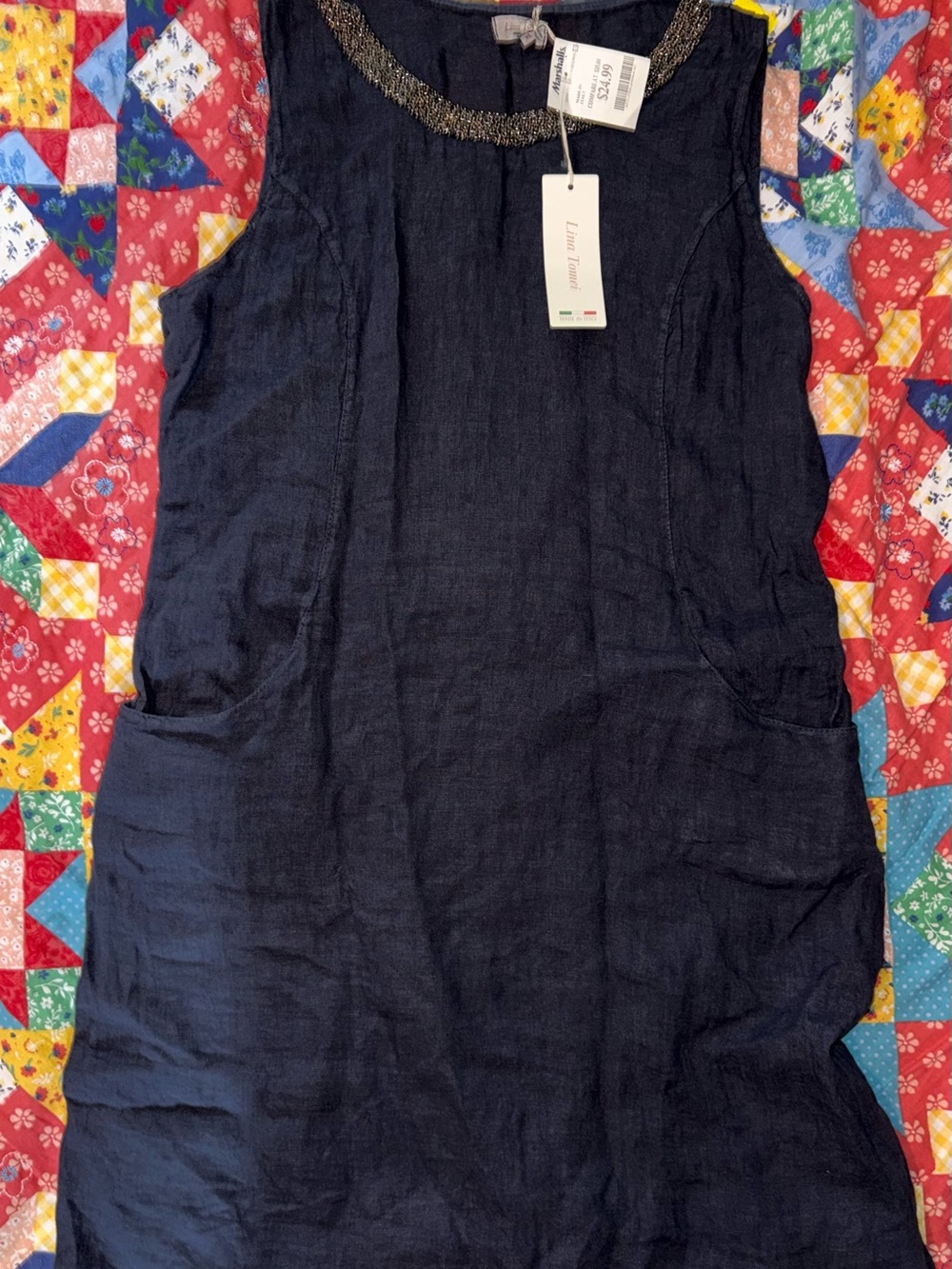 Sleeveless Navy Mini Dress with Beaded Neckline